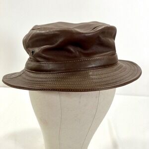 Minnetonka Leather Bucket Hat Brown Genuine Leather Unisex Sz S Outdoor Foldable